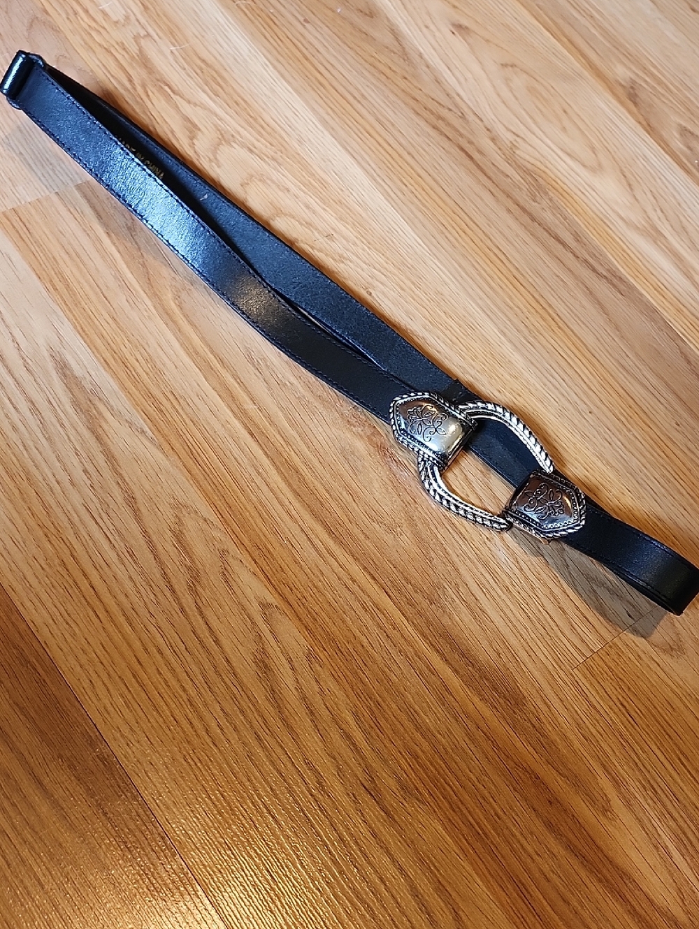 Chico's Black Leather Strap Belt with Silver Braided Buckle